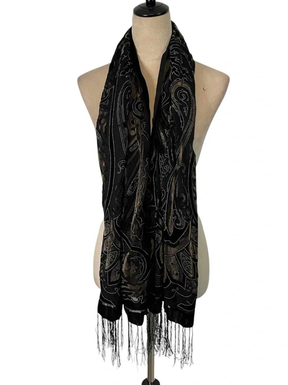 Black Velvet Burnout Paisley Fringe Scarf Shawl